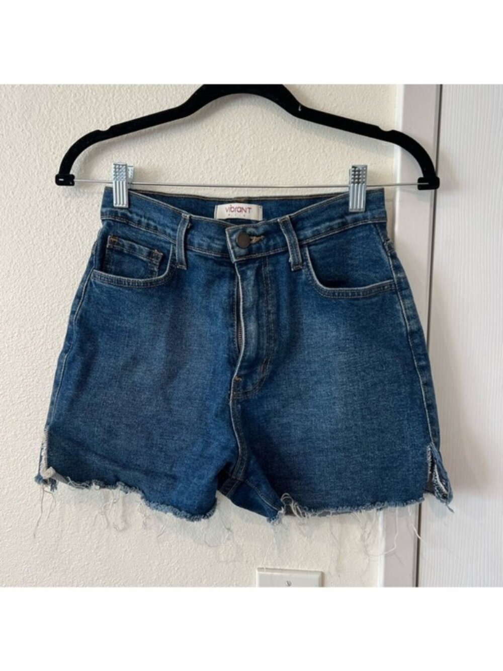 High Waist High Rise Dark Stretch Denim Raw Hem Shorts Size Small